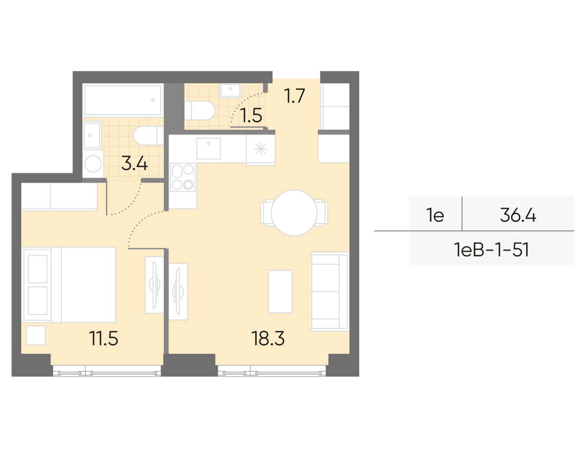 Исходная планировка 1-комнатная, 36,4 м²