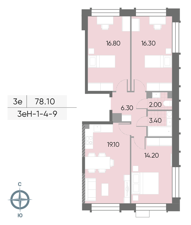Исходная планировка 3-комнатная, 78,1 м²