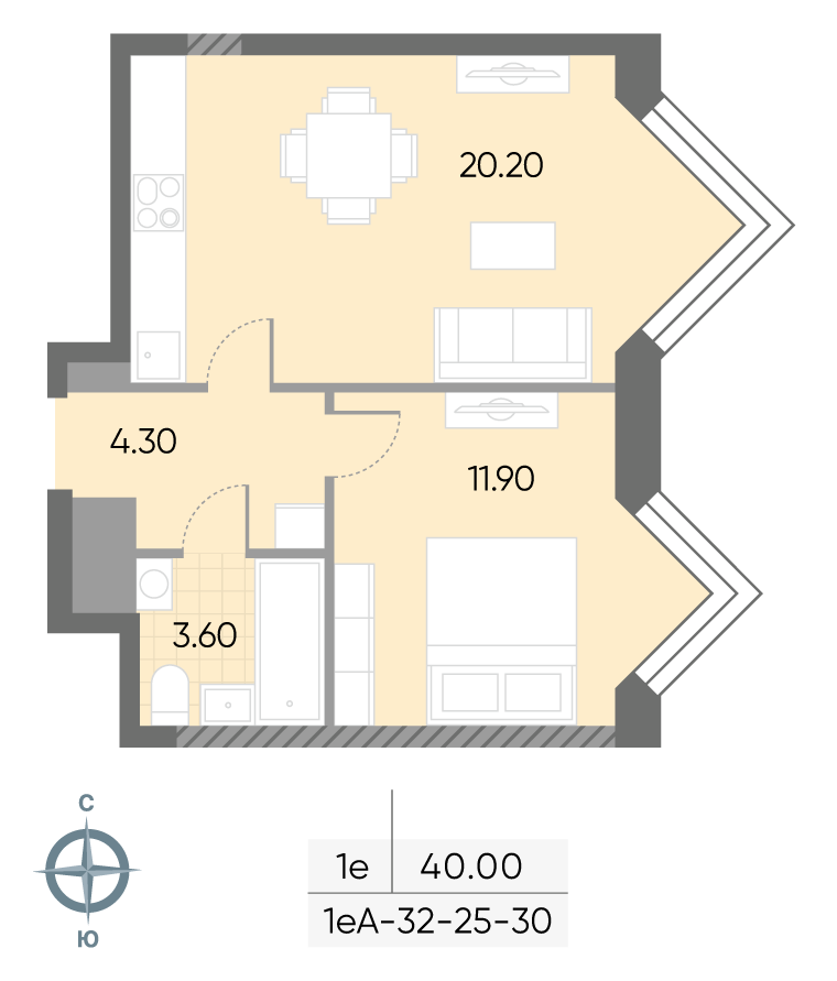 Исходная планировка 1-комнатная, 40 м²