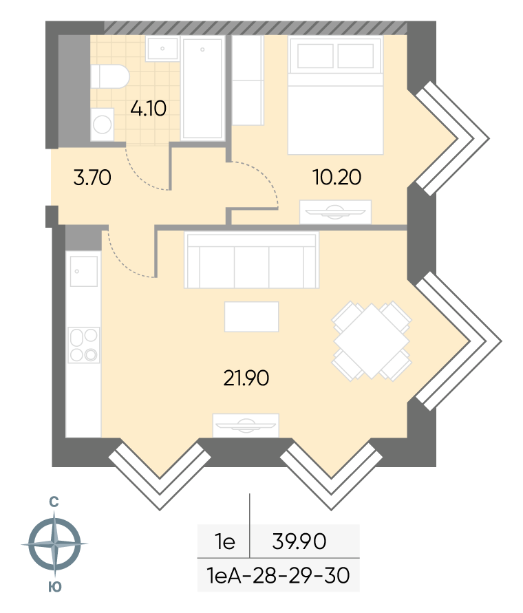 Исходная планировка 1-комнатная, 39,9 м²