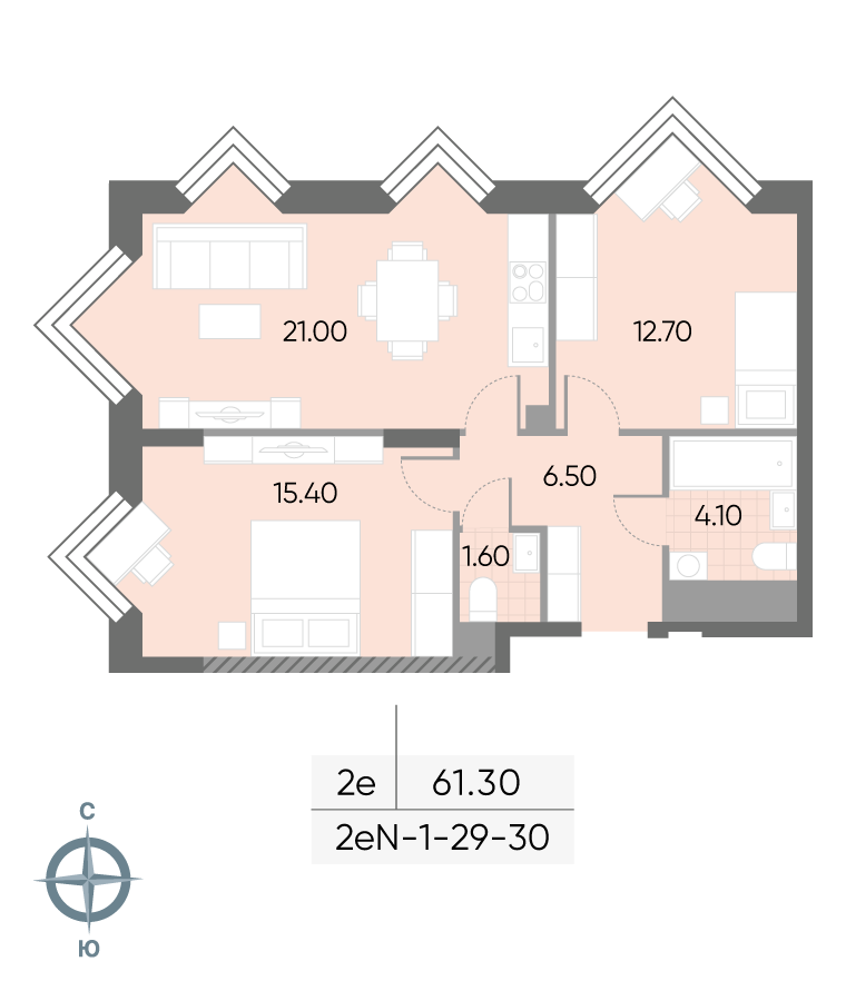 Исходная планировка 2-комнатная, 61,3 м²