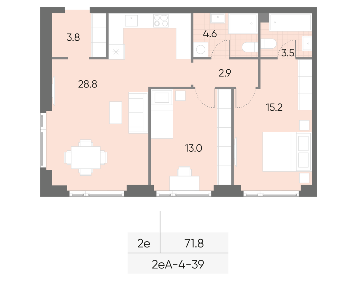 Исходная планировка 2-комнатная, 71,8 м²