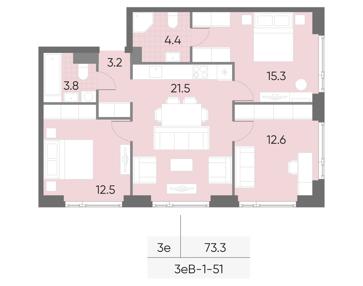 Исходная планировка 3-комнатная, 73,3 м²