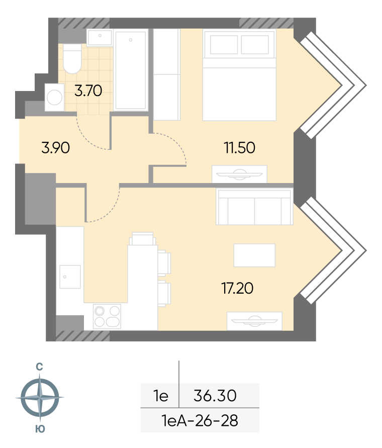 Исходная планировка 1-комнатная, 36,3 м²