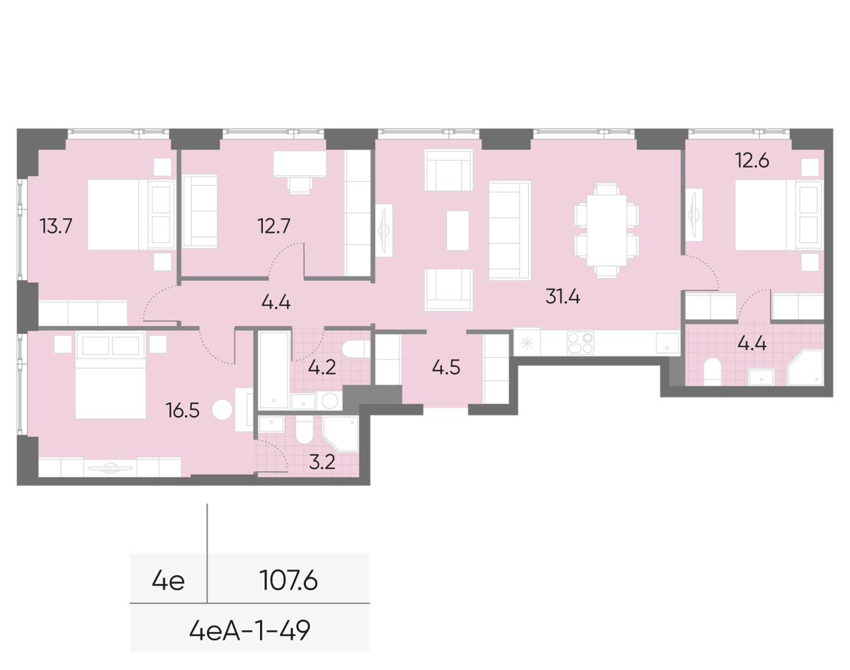 Исходная планировка 4-комнатная, 107,6 м²