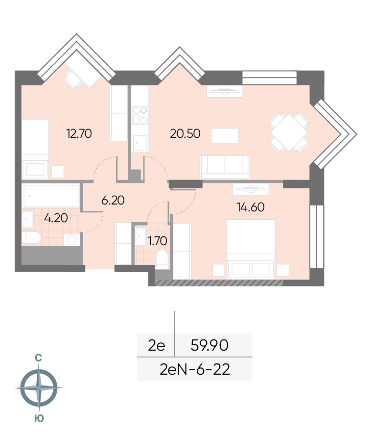 Исходная планировка 2-комнатная, 59,9 м²