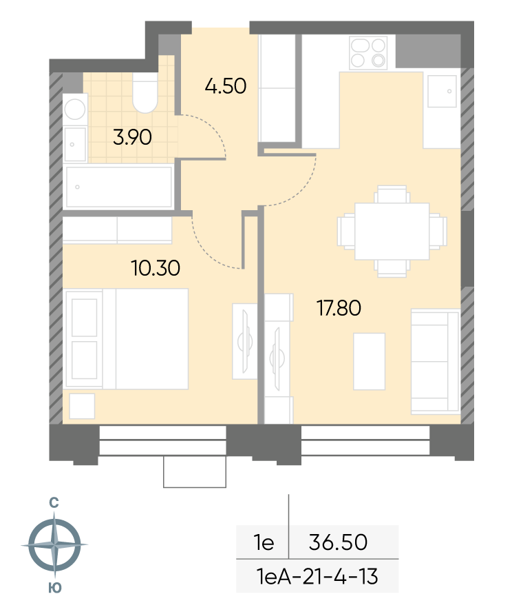 Исходная планировка 1-комнатная, 36,5 м²