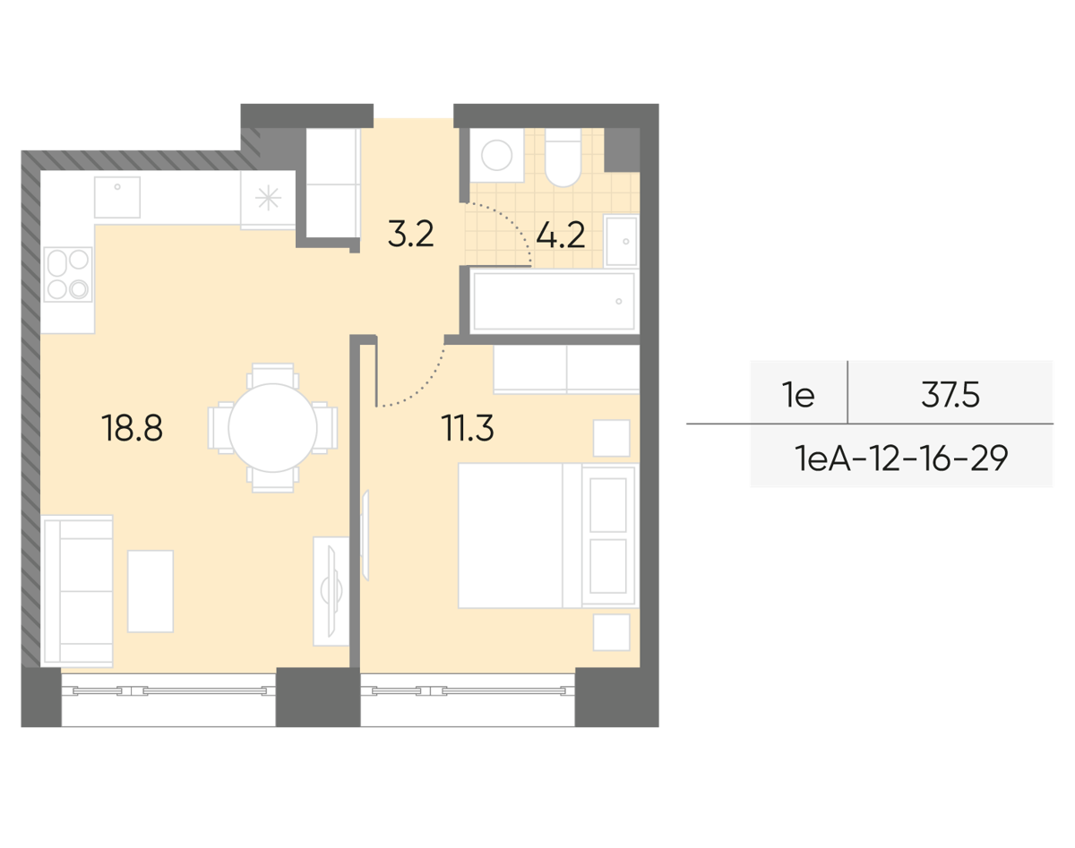 Исходная планировка 1-комнатная, 37,5 м²