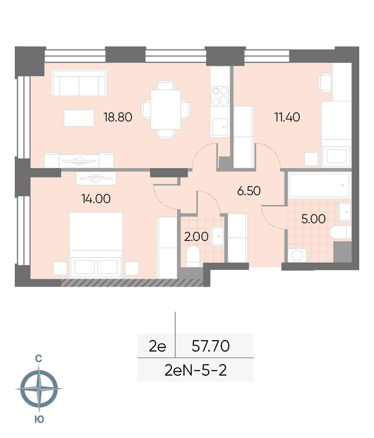 Исходная планировка 2-комнатная, 57,7 м²