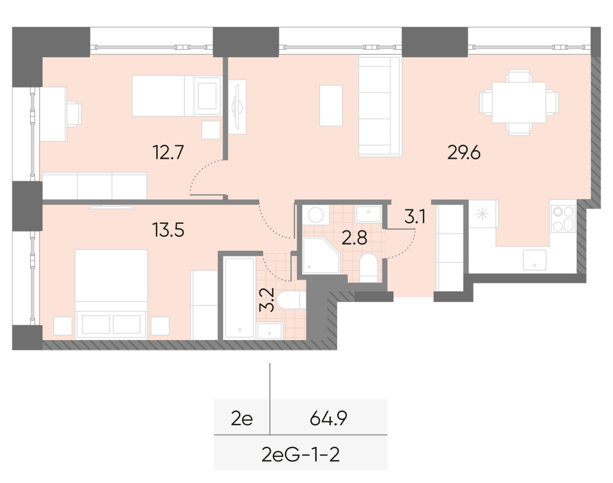 Исходная планировка 2-комнатная, 64,9 м²