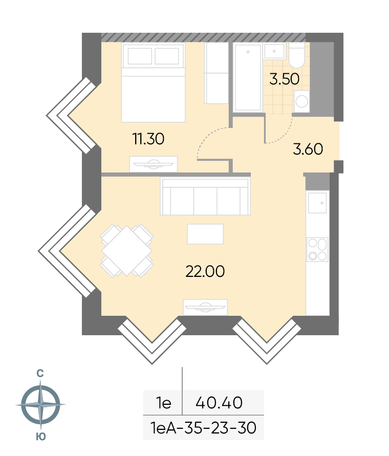 Исходная планировка 1-комнатная, 40,4 м²