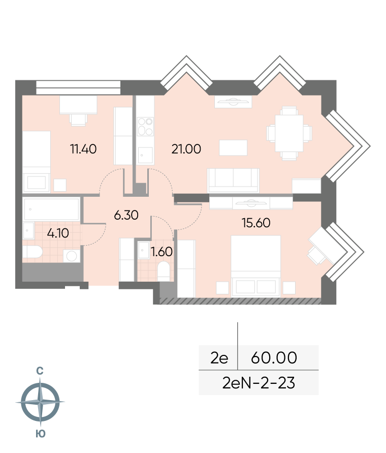 Исходная планировка 2-комнатная, 60 м²