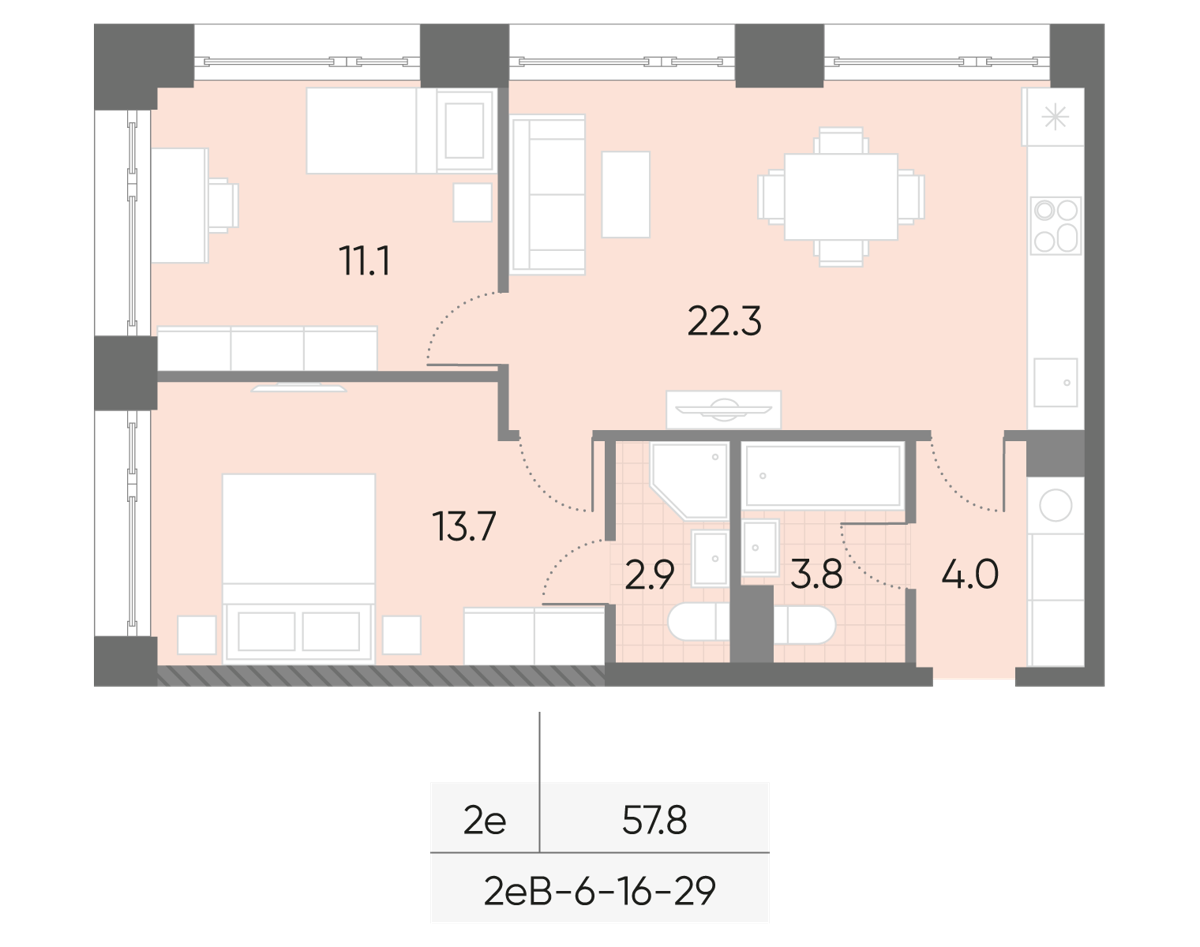 Исходная планировка 2-комнатная, 57,8 м²