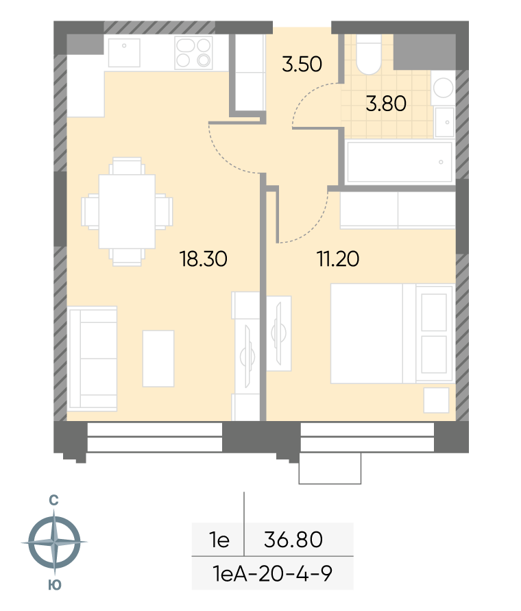 Исходная планировка 1-комнатная, 36,8 м²