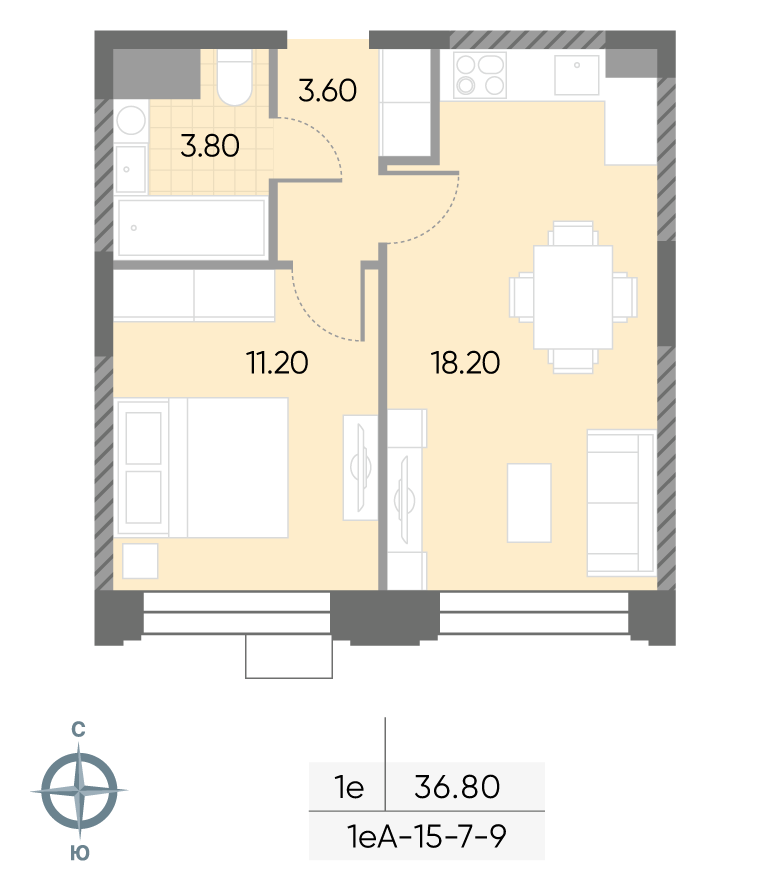Исходная планировка 1-комнатная, 36,8 м²