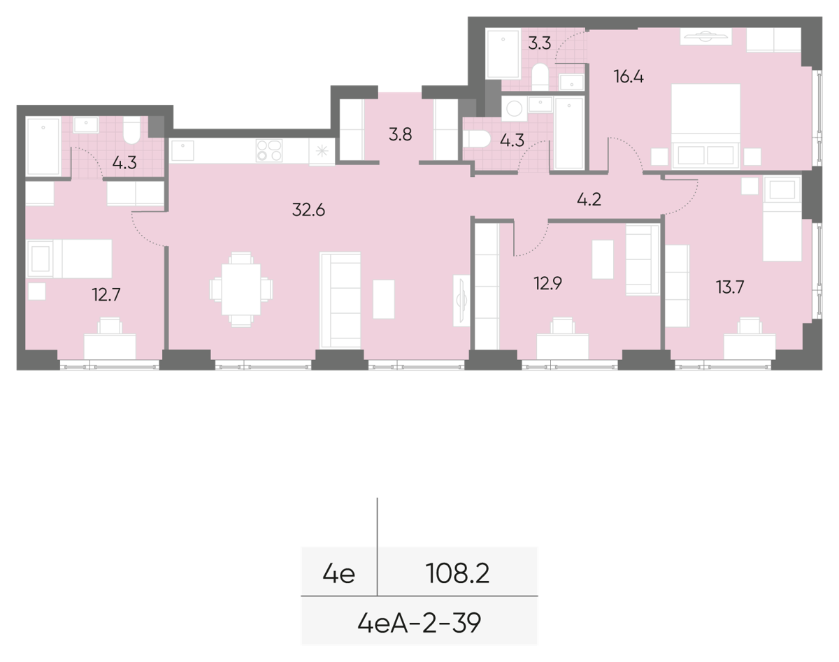Исходная планировка 4-комнатная, 108,2 м²