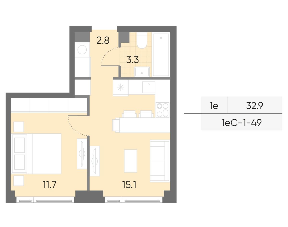 Исходная планировка Квартира, 32,9 м²