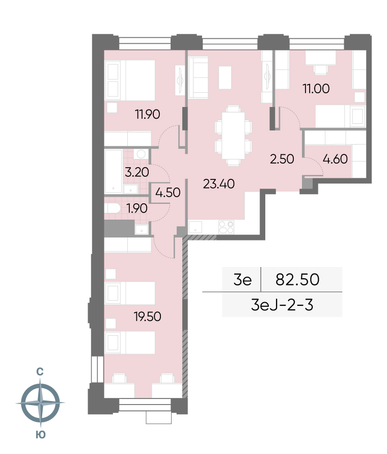 Исходная планировка 3-комнатная, 82,5 м²