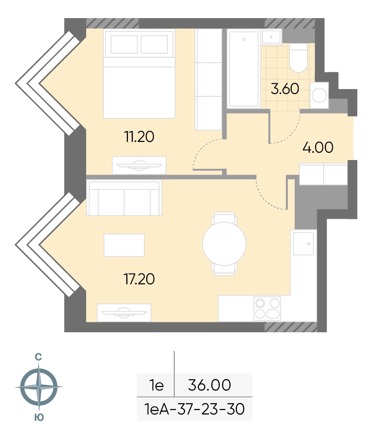 Исходная планировка 1-комнатная, 36 м²