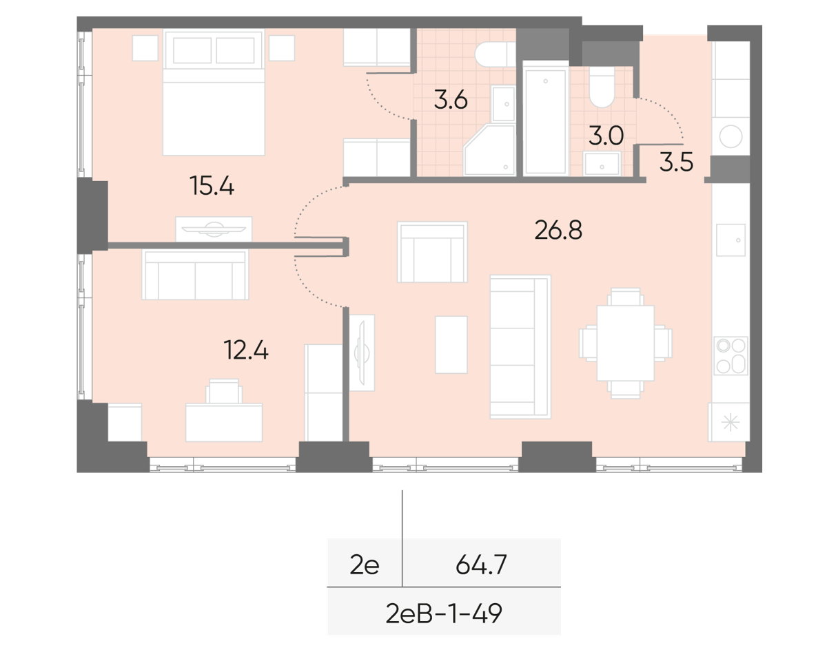 Исходная планировка 2-комнатная, 64,7 м²