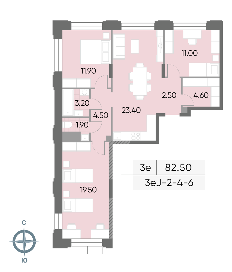 Исходная планировка 3-комнатная, 82,5 м²