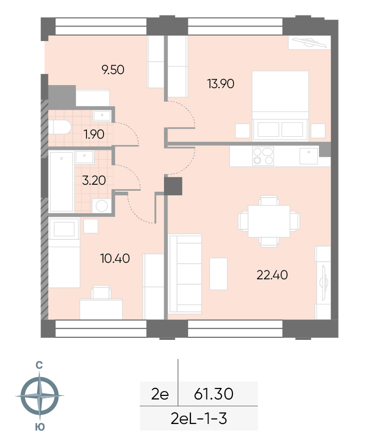 Исходная планировка 2-комнатная, 61,3 м²