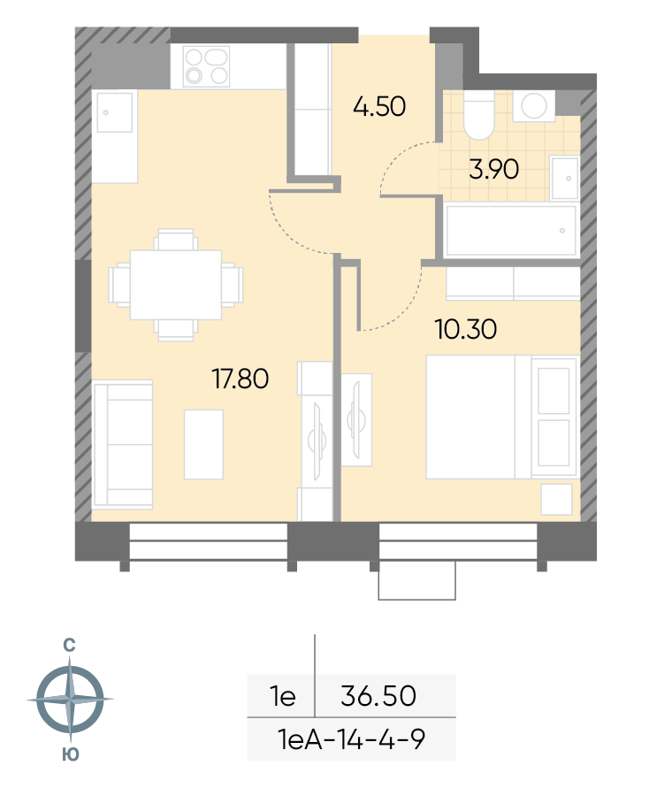 Исходная планировка 1-комнатная, 36,5 м²