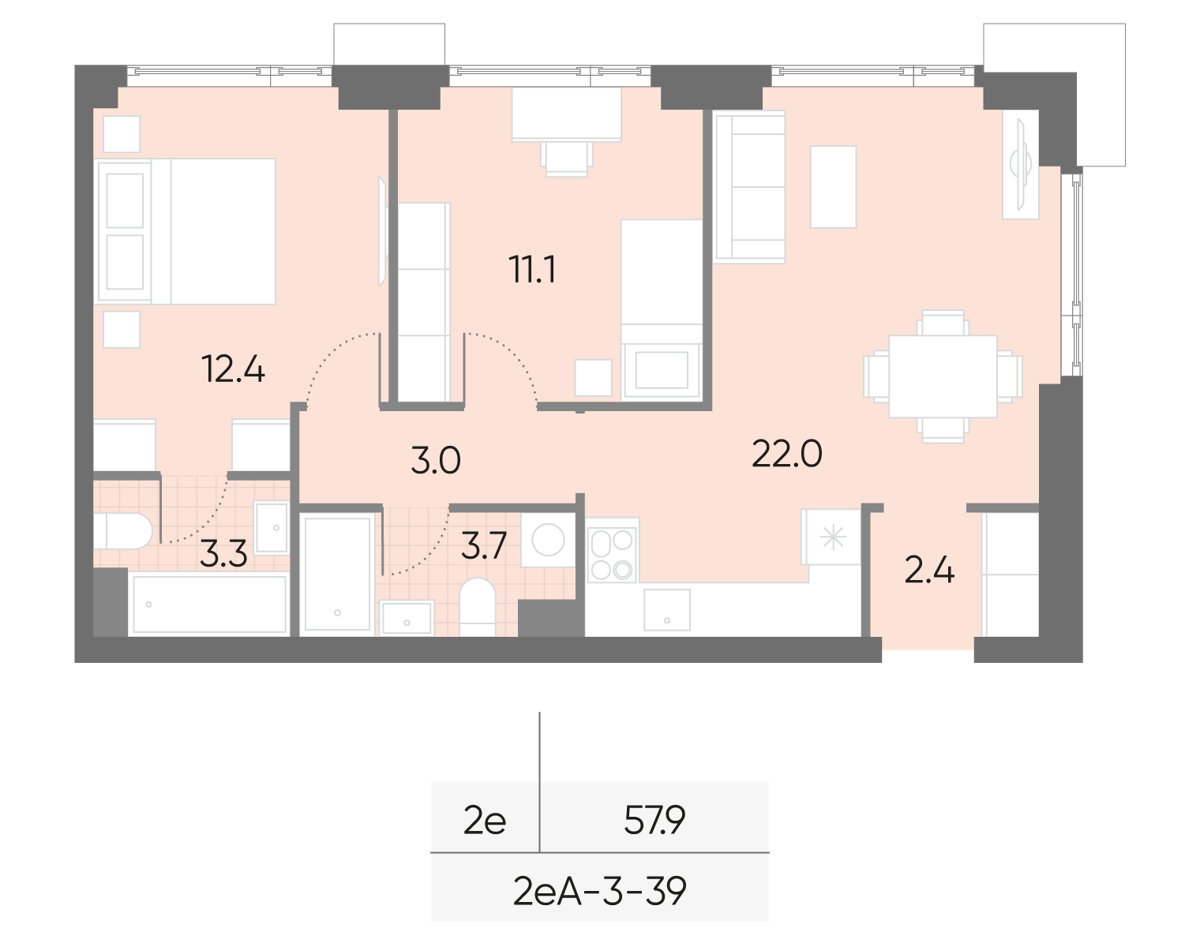 Исходная планировка 2-комнатная, 57,9 м²