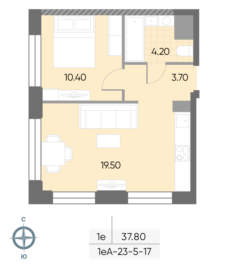Исходная планировка 1-комнатная, 37,8 м²