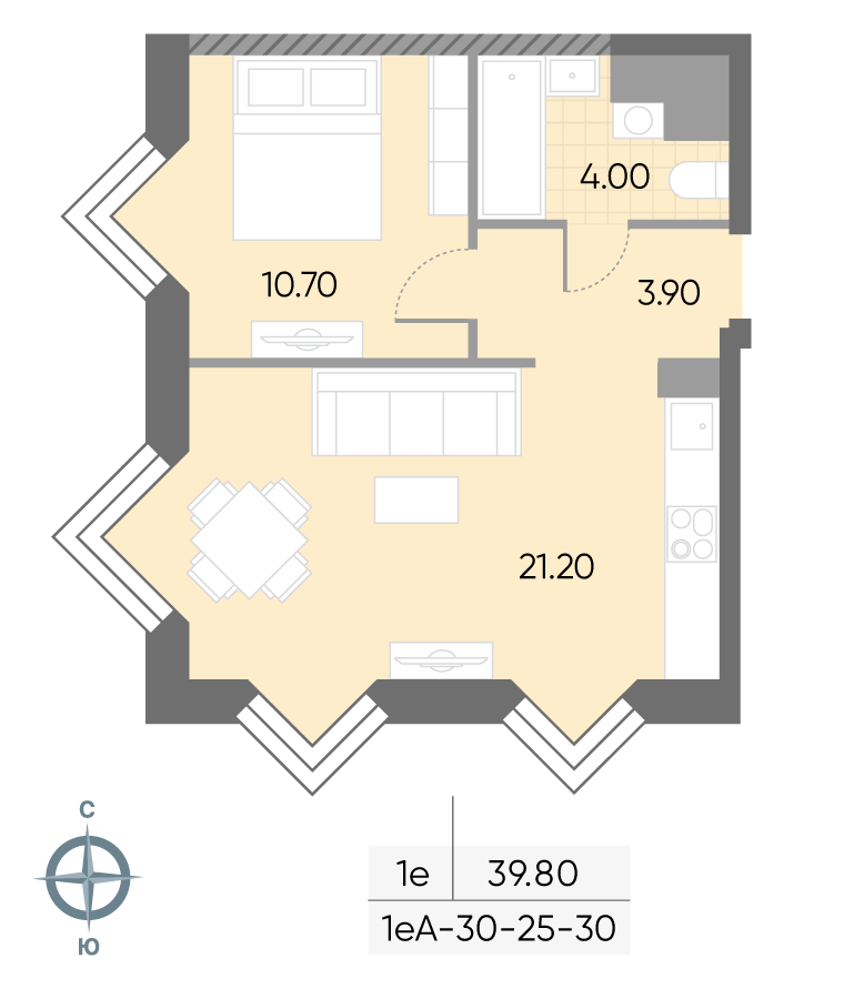 Исходная планировка 1-комнатная, 39,8 м²
