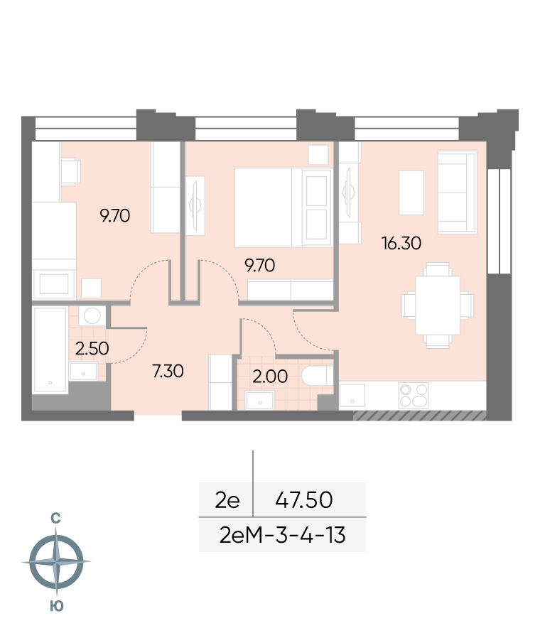 Исходная планировка 2-комнатная, 47,5 м²