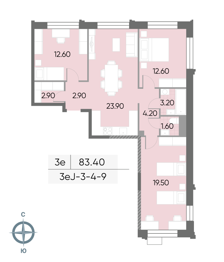 Исходная планировка 3-комнатная, 83,4 м²