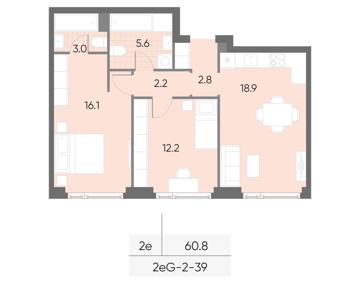 Исходная планировка 2-комнатная, 60,8 м²