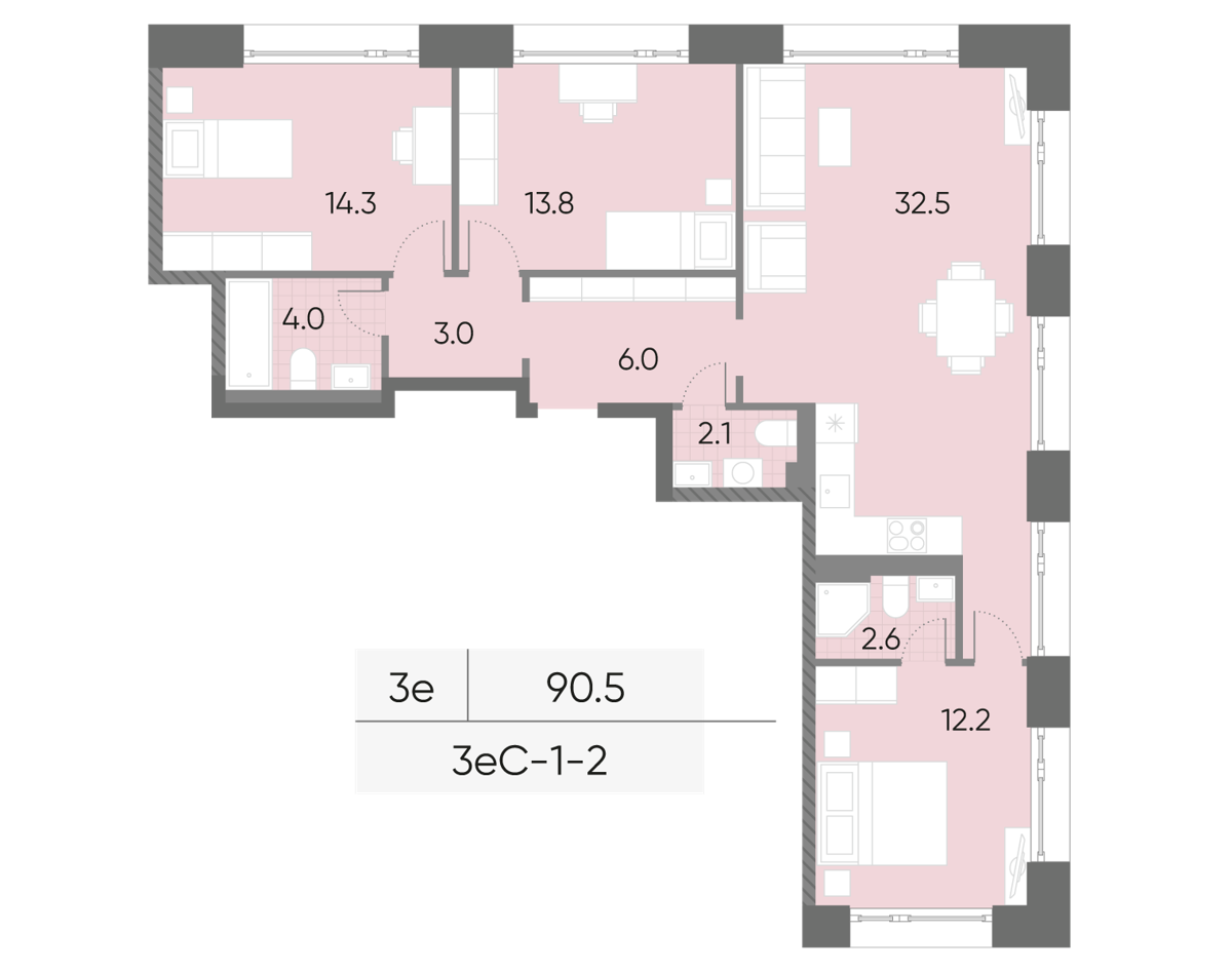 Исходная планировка 3-комнатная, 90,5 м²
