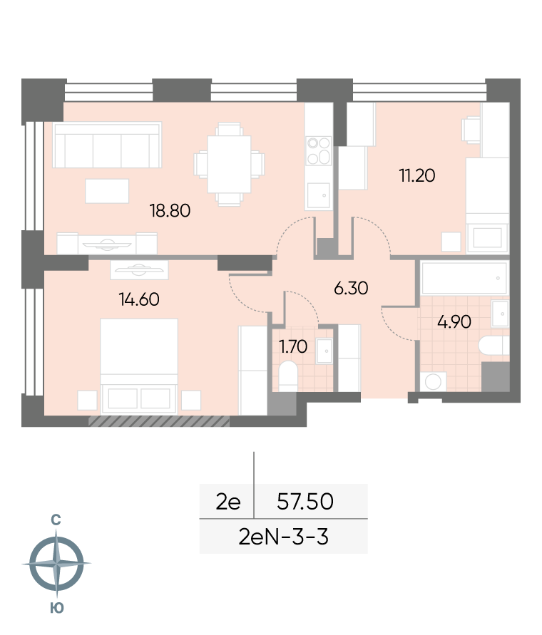 Исходная планировка 2-комнатная, 57,5 м²