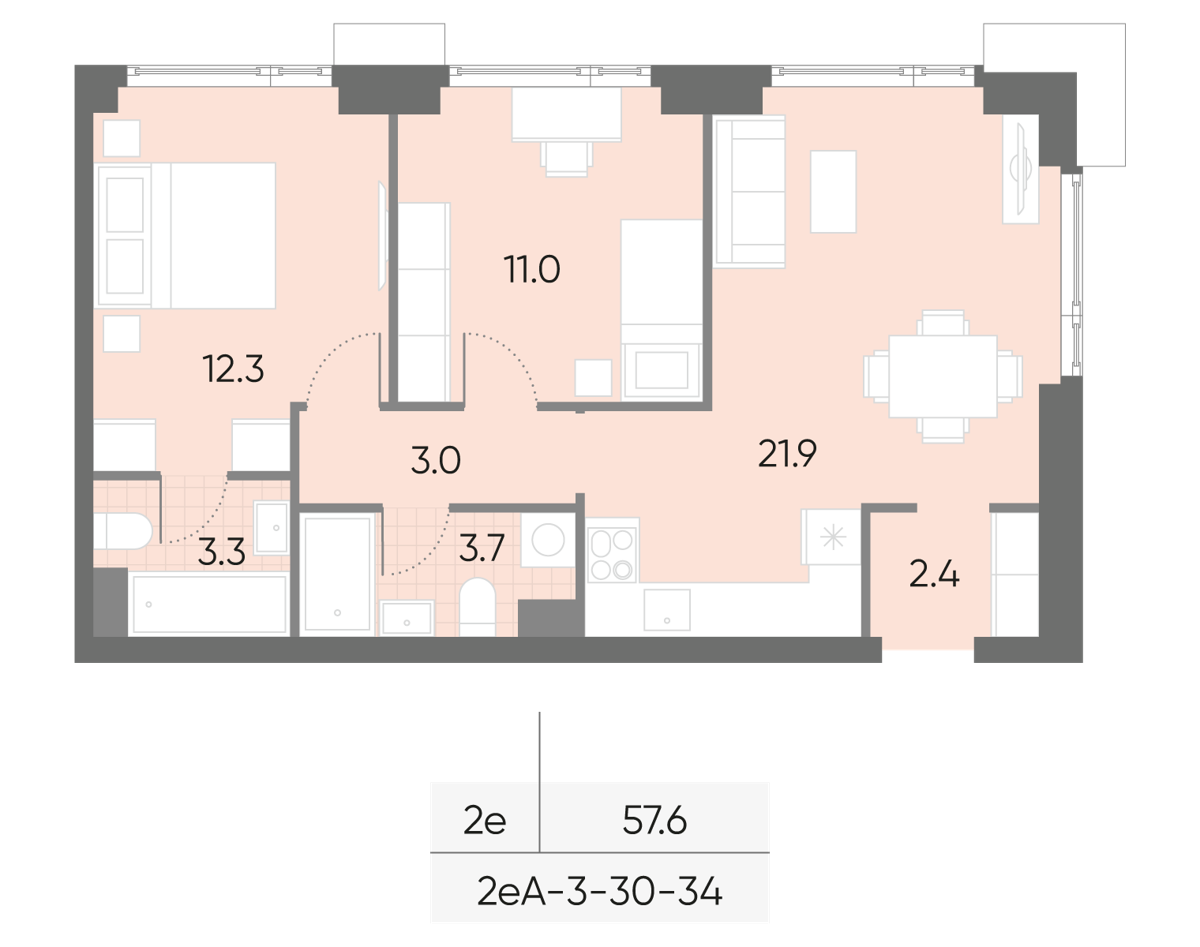 Исходная планировка 2-комнатная, 57,6 м²