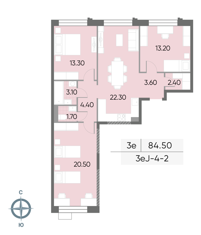 Исходная планировка 3-комнатная, 84,5 м²