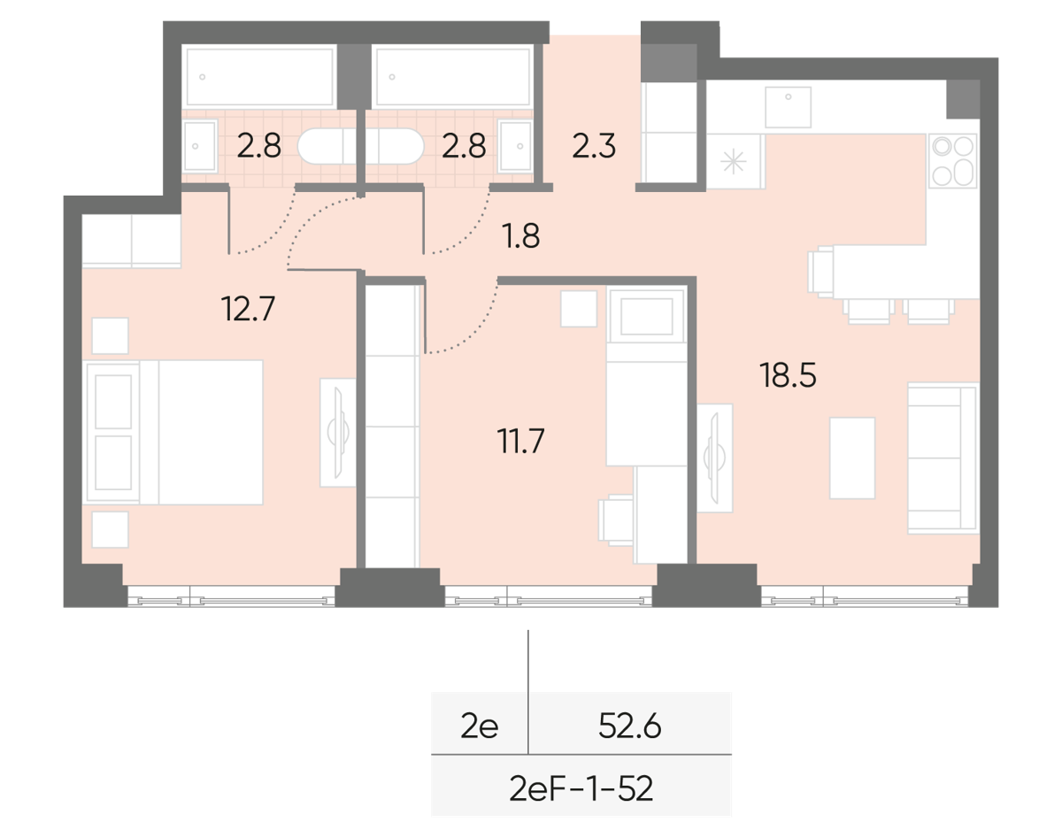 Исходная планировка 2-комнатная, 52,6 м²