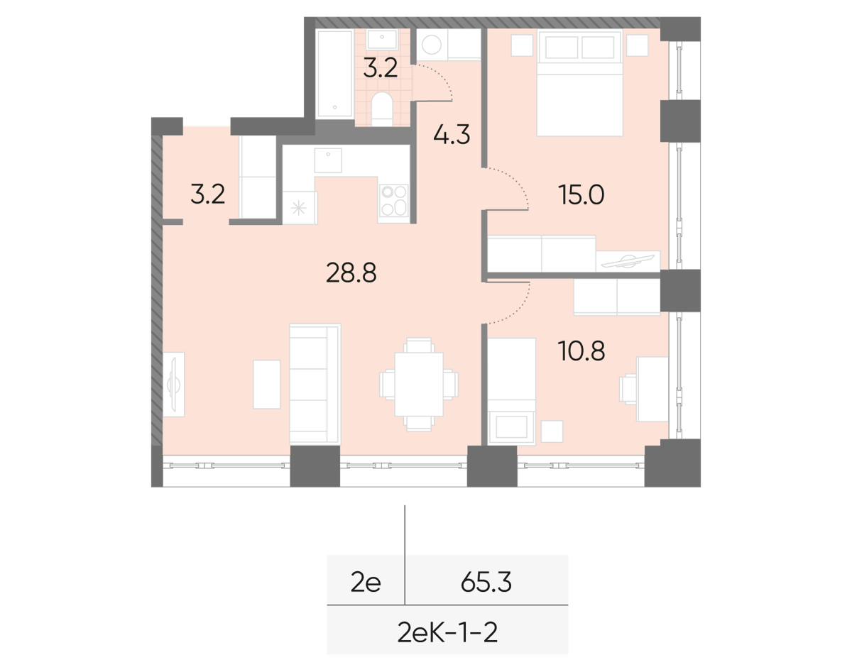 Исходная планировка 2-комнатная, 65,3 м²