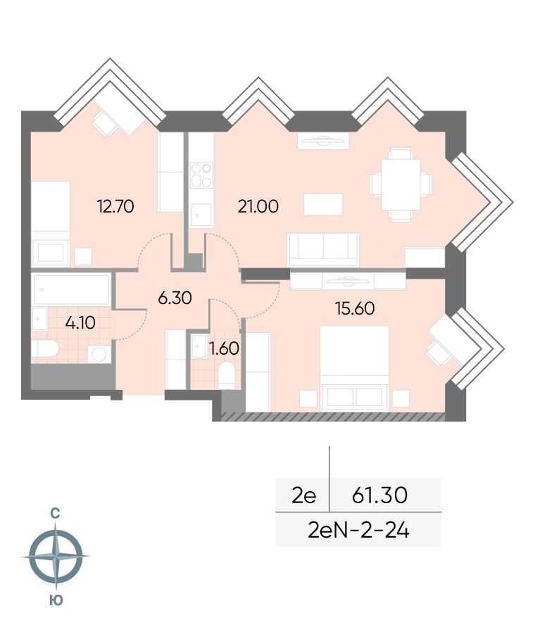 Исходная планировка 2-комнатная, 61,3 м²