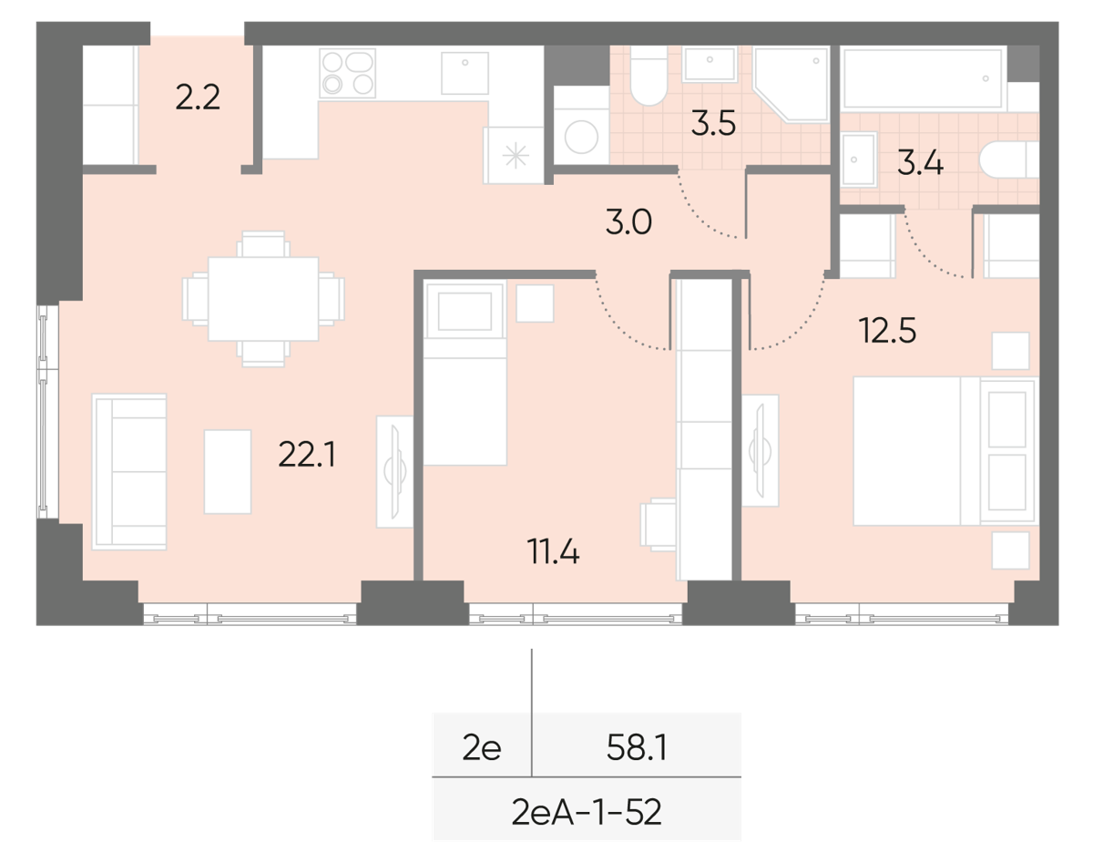 Исходная планировка 2-комнатная, 58,1 м²
