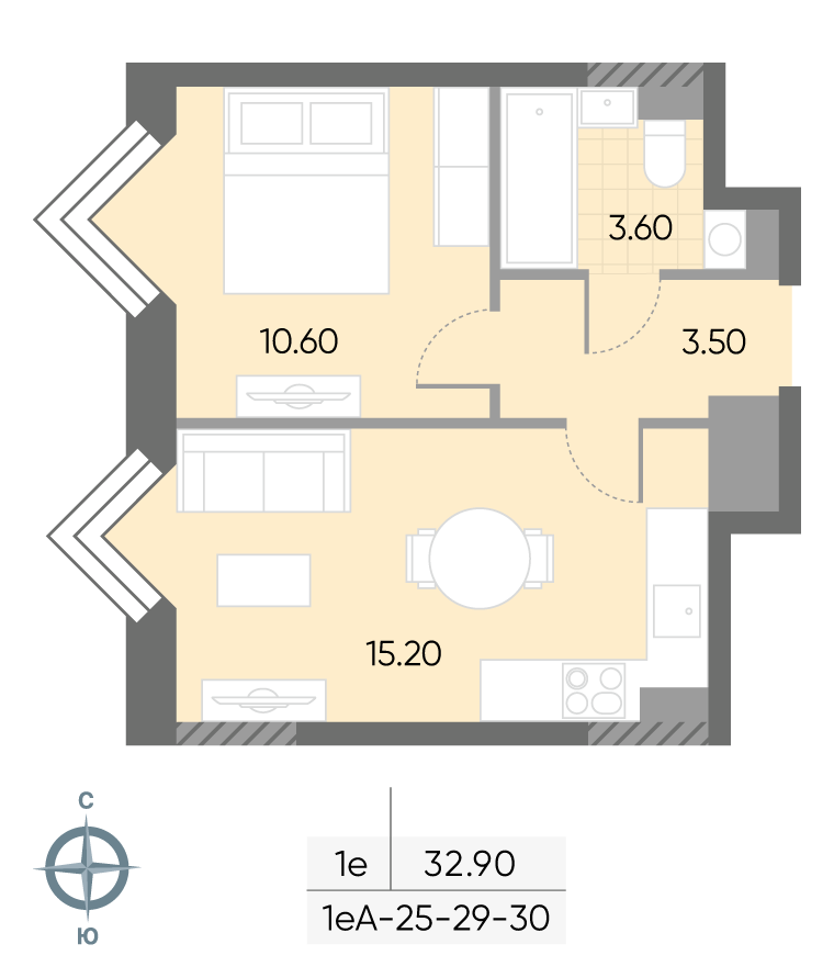 Исходная планировка 1-комнатная, 32,9 м²