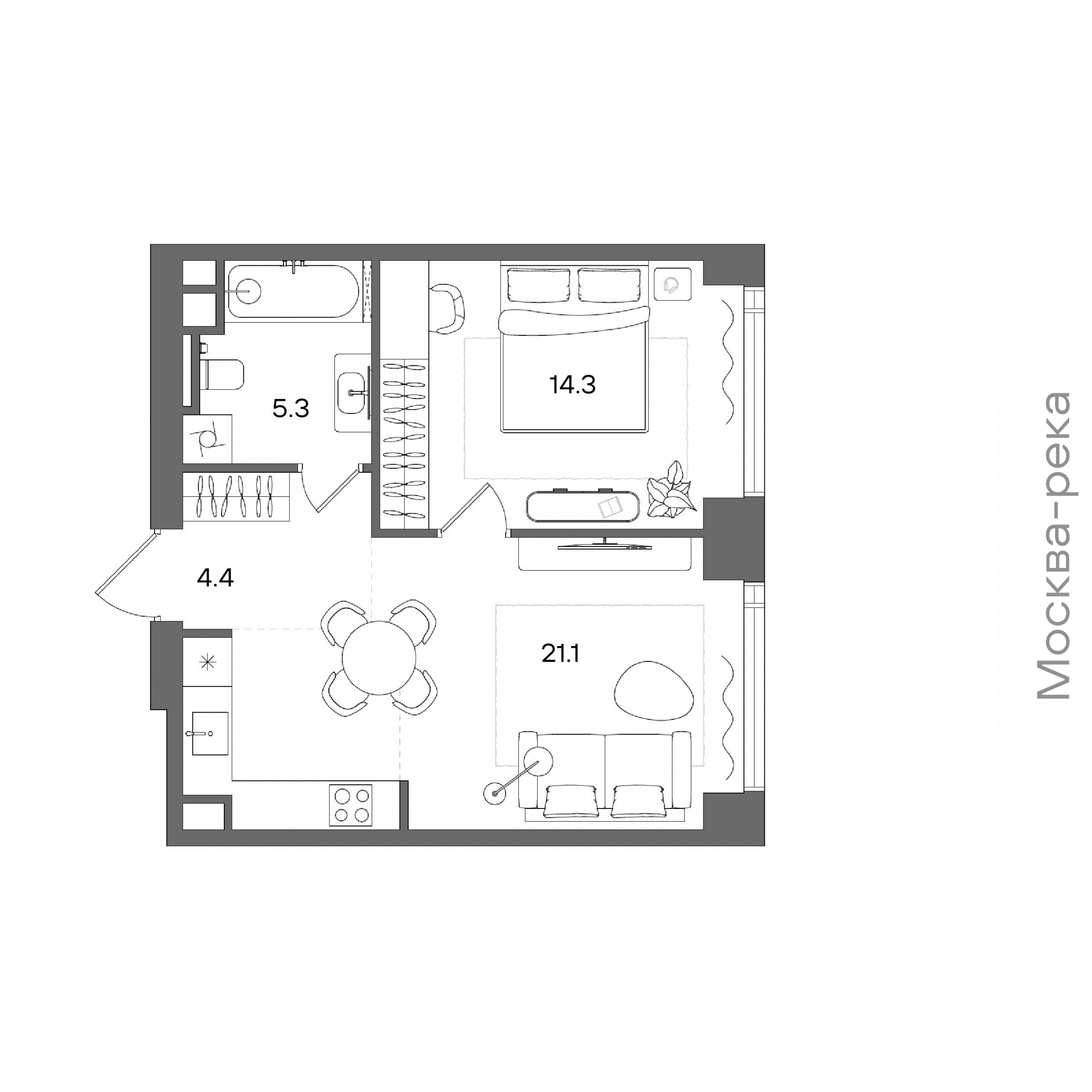 Официальная планировка STONE Blik, 45,1 м²