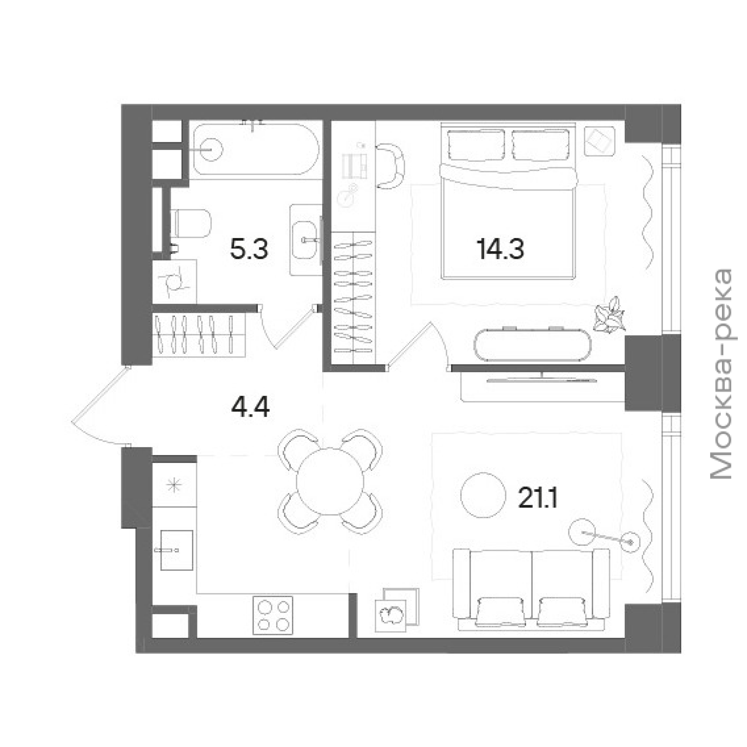 Официальная планировка STONE Blik, 45,1 м²
