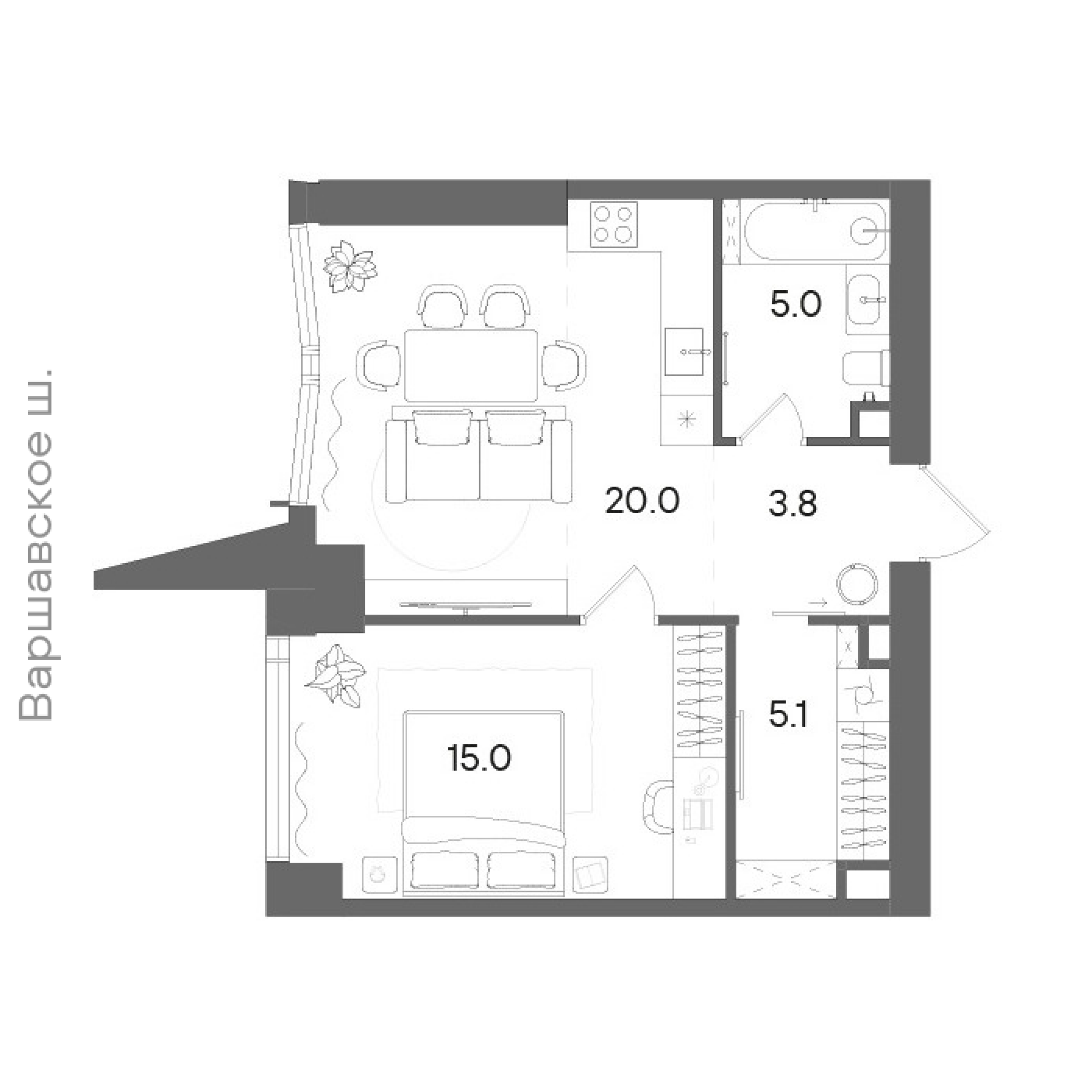 Официальная планировка STONE Blik, 48,7 м²