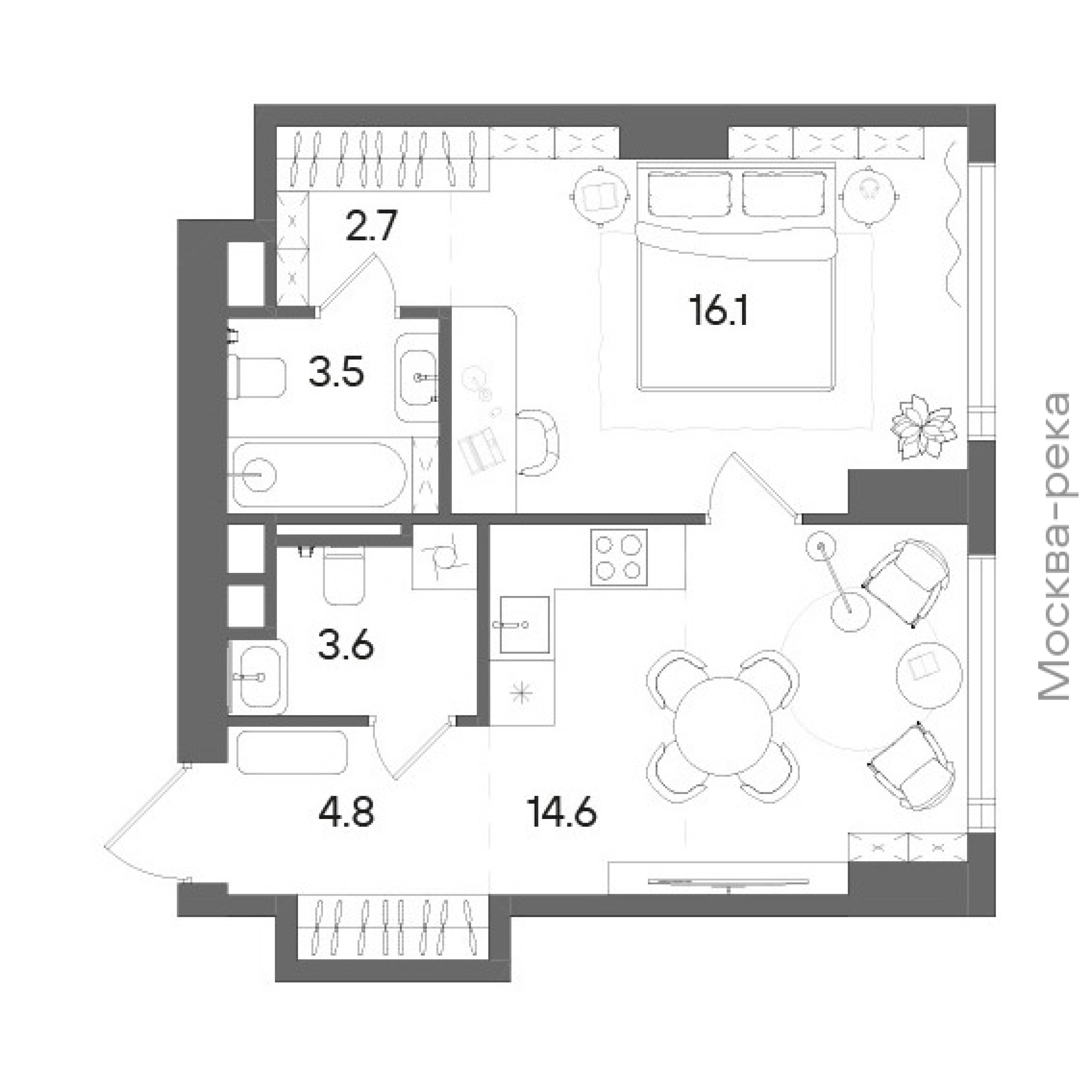 Официальная планировка STONE Blik, 45,3 м²