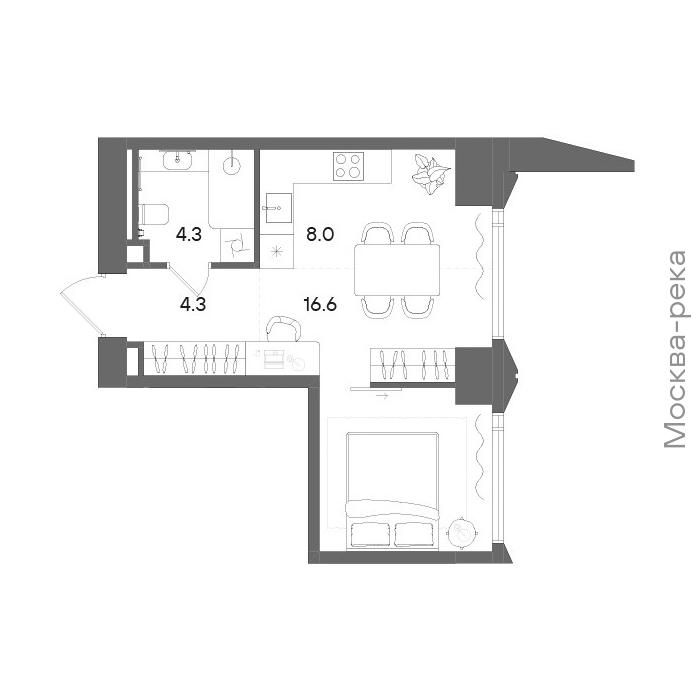 Официальная планировка STONE Blik, 33,2 м²