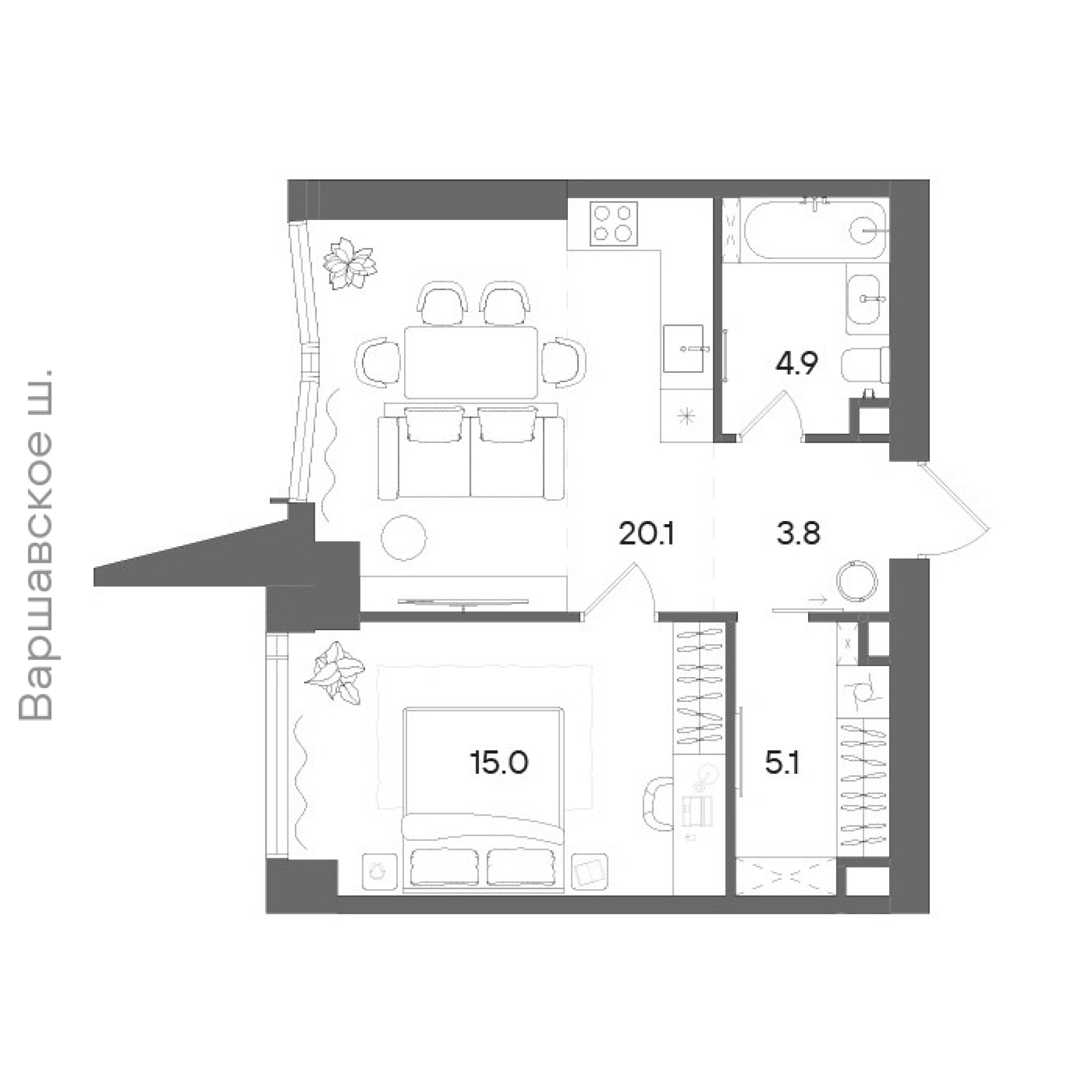 Официальная планировка STONE Blik, 48,7 м²