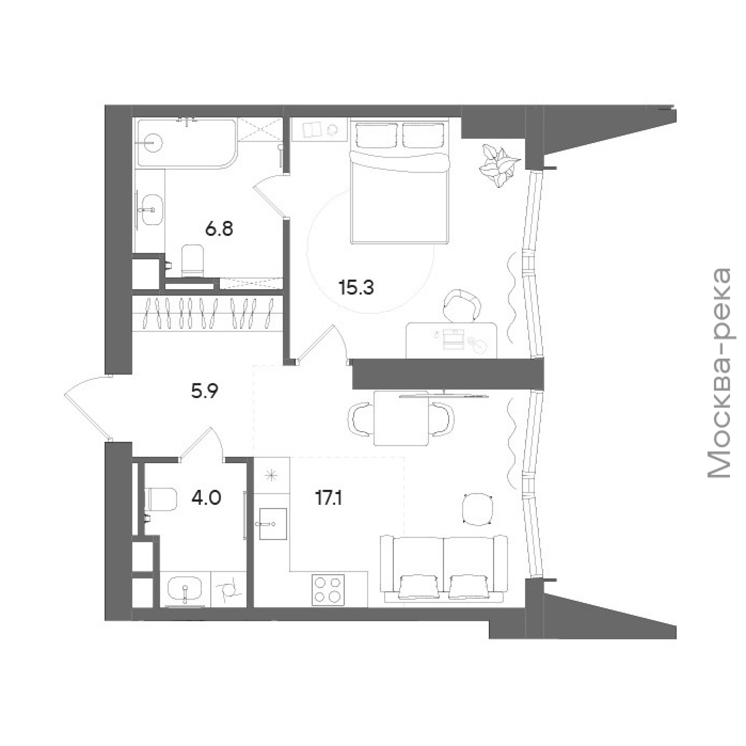 Официальная планировка STONE Blik, 48,5 м²