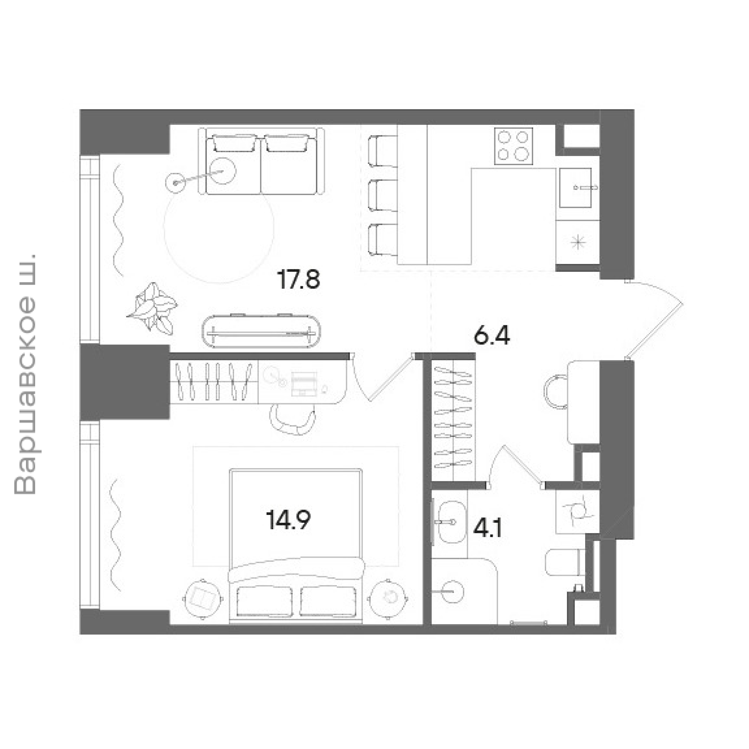 Официальная планировка STONE Blik, 43,6 м²
